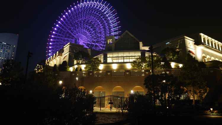 夜の外観写真。観覧車がバックに位置してて圧巻。