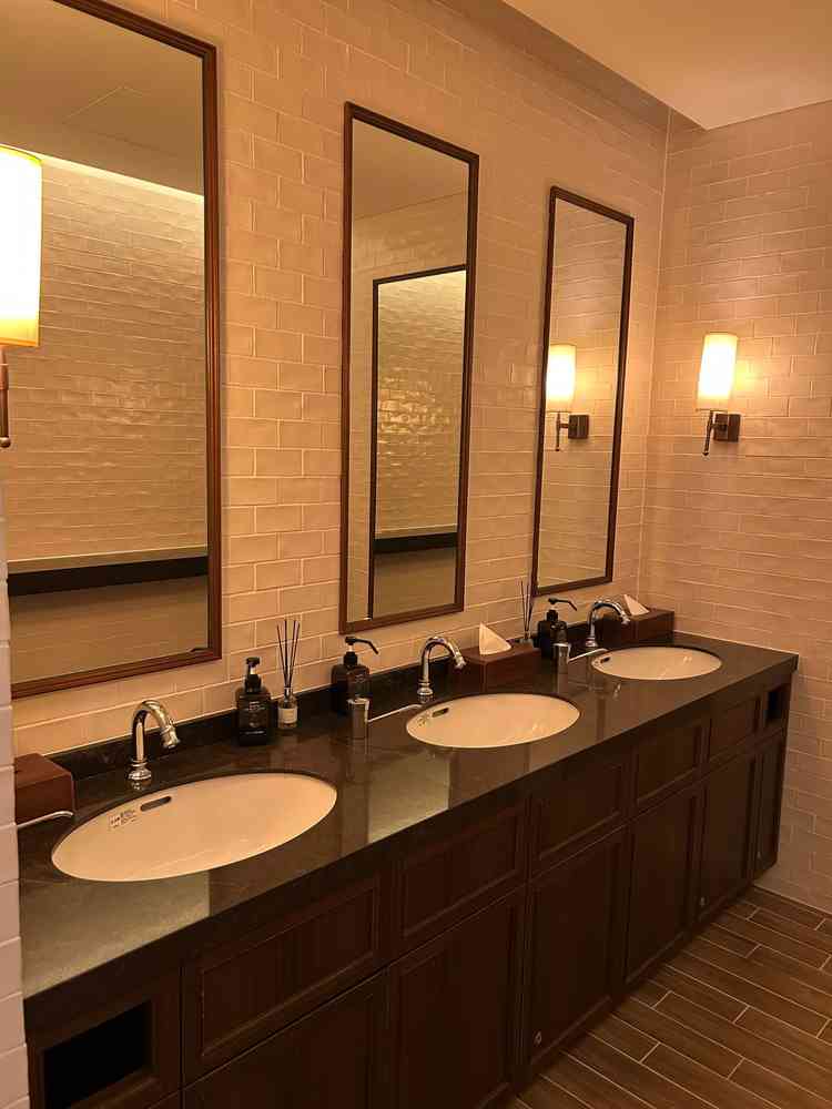 お手洗いの写真。歴史感じる建物に対し、トイレは最先端の設備でとても綺麗だった。