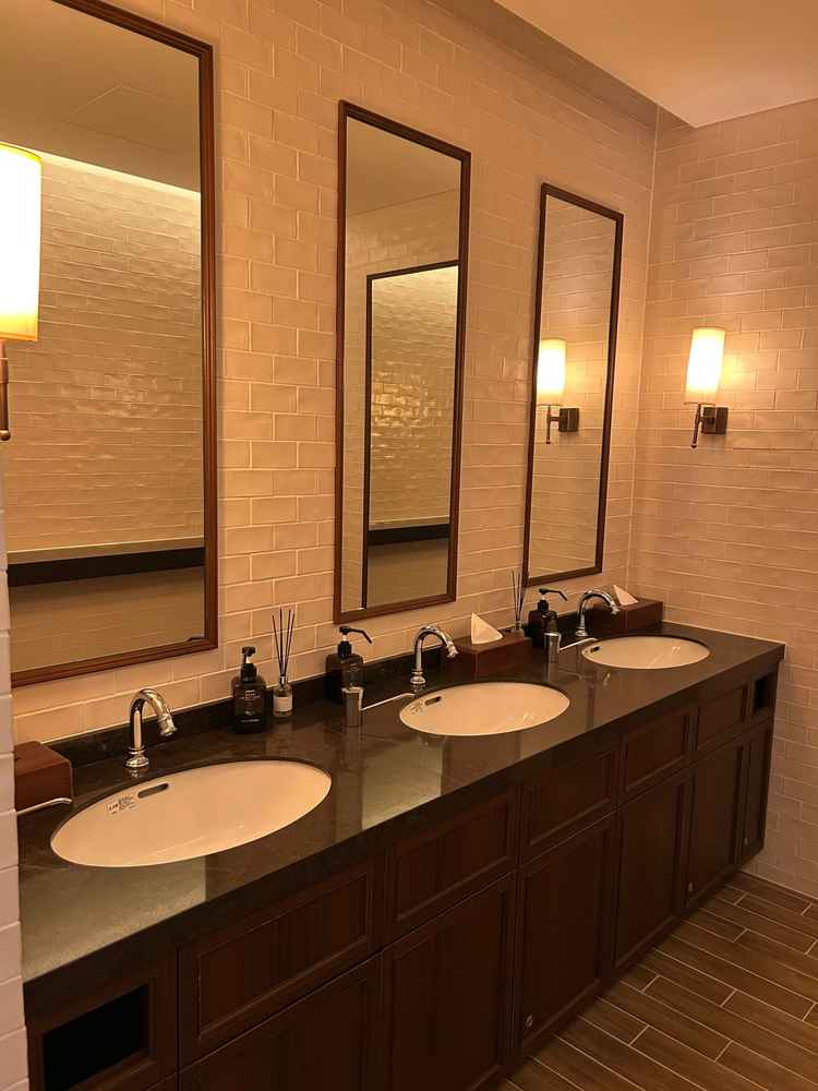 お手洗いの写真。歴史感じる建物に対し、トイレは最先端の設備でとても綺麗だった。