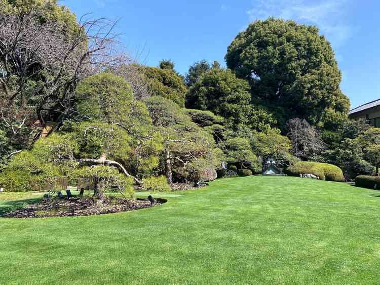 式場中央には大きな庭があり、年間通して自然の芝が生えているのでグリーンがとてもきれい。