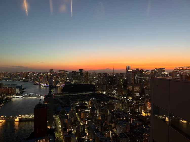 夕焼けの展望です。手前には築地市場跡、浜離宮、東京タワー、そして奥に見える山は富士山です。