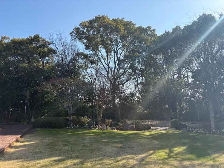 天然芝のガーデン。奥には川が流れています。見学は冬場でしたが夏場はもっと青々とします。小鳥の声も。