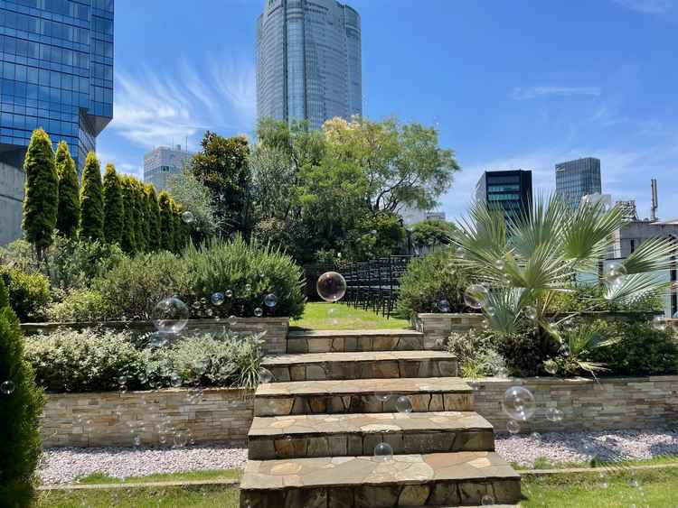 チャペル。カーテンを開けると、シャボン玉が飛び出す演出。芝を痛めるため、バージンロードを歩けなかった