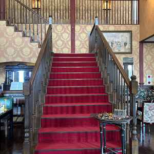 入り口にある階段。赤色のカーペットがかわいかった。