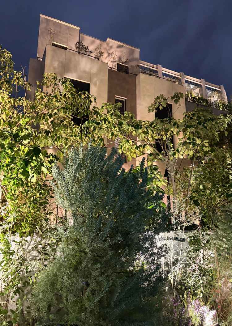 フェア後の夜の外観です。本物のグリーンと光がとても幻想的でした。