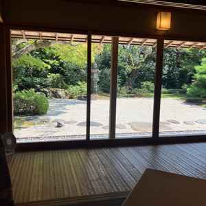 食事会場から庭園を見た様子。思った通りの風景で落ち着きがある。
