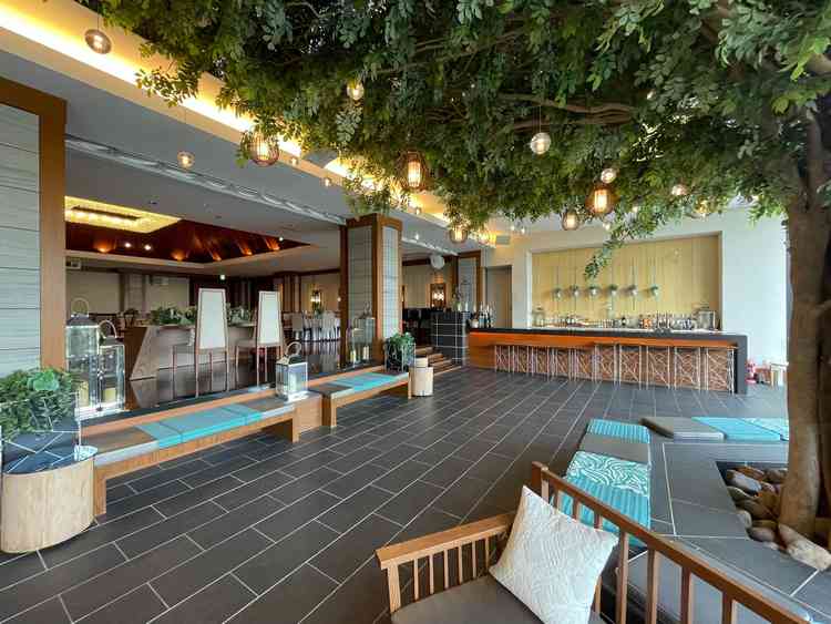 披露宴会場裏スペース。大きな木が印象的でした。