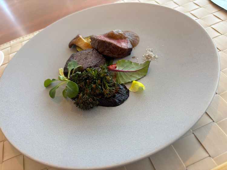 試食のメイン料理の写真。メインのお肉を引き立たせる季節の野菜の盛り付けが綺麗かつ、美味しかったです。