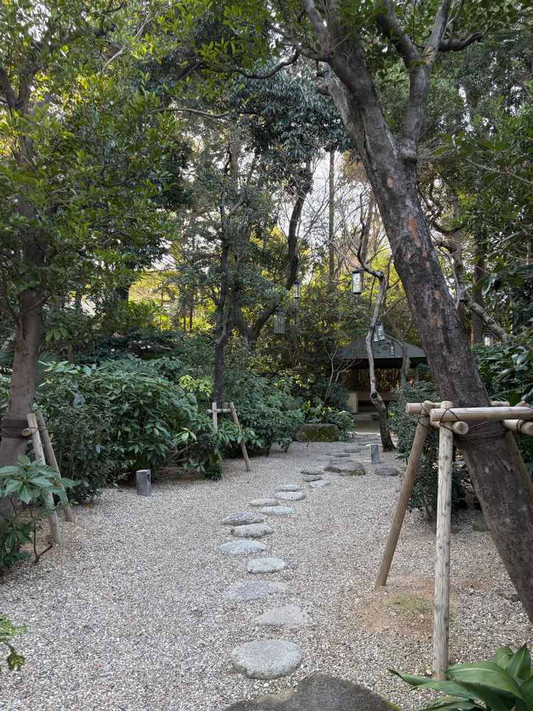 駐車場から入ってすぐのお庭。木々が生い茂っていて、和の雰囲気も感じられて落ち着いた雰囲気。