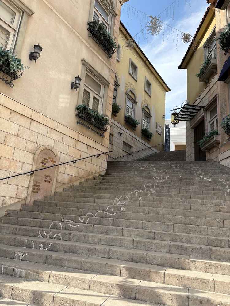 チャペルに続く階段。建物正面にある、ひとつの町のような外観がよかった。