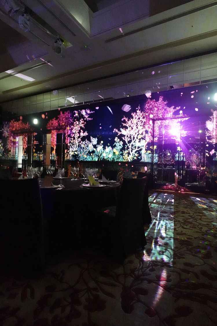 披露宴会場は遮光カーテンを下すことで、豪華な雰囲気を出せます。またマッピングも他にはない点です。