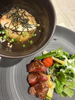 試食会の和牛と鯛茶漬け。メインは勿論、前菜や盛り付けなども素晴らしかったです。