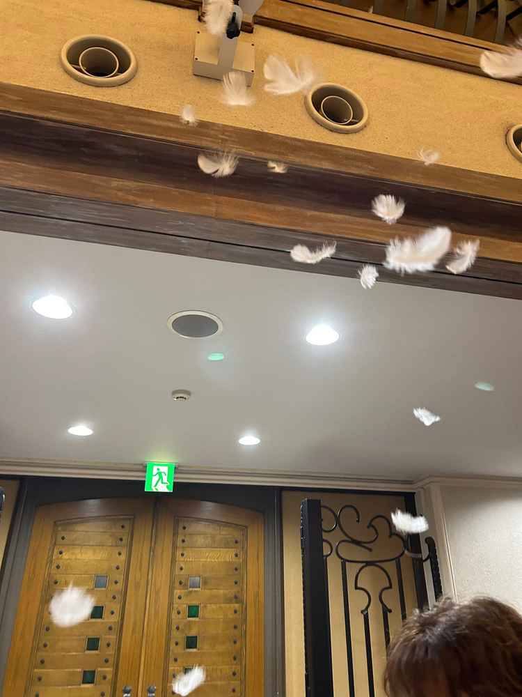 フェザーシャワー。挙式を終えて新郎新婦が退場する際に羽根が降ってくるという演出をしてくれるそう