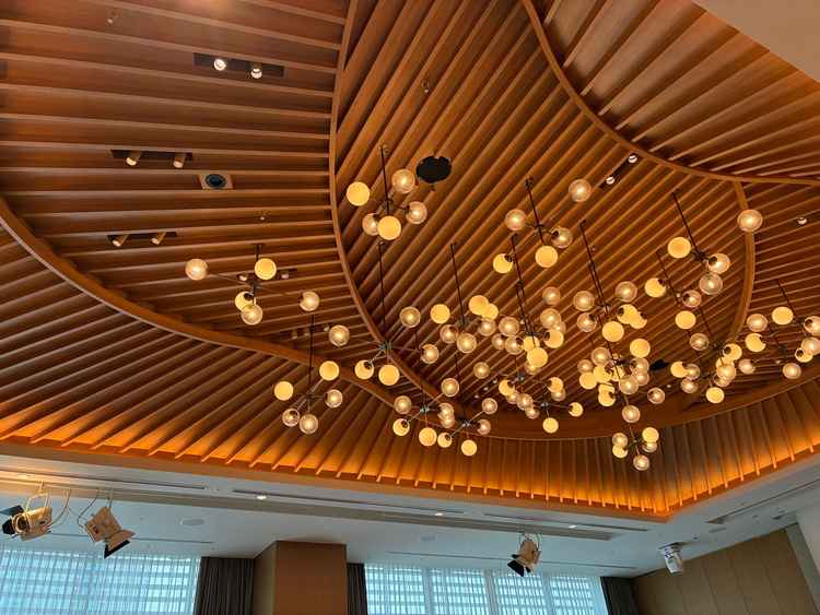 披露宴会場の天井の写真ですが、素敵なデザインでした。