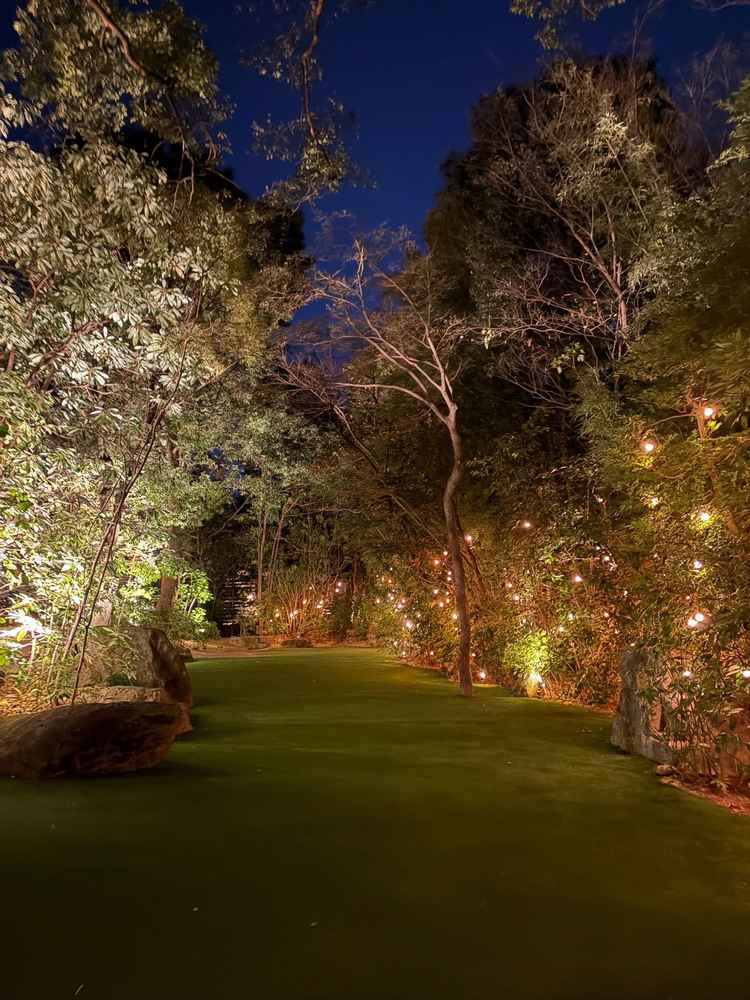 ガーデンが夜はライトアップされ、とても素敵な雰囲気。