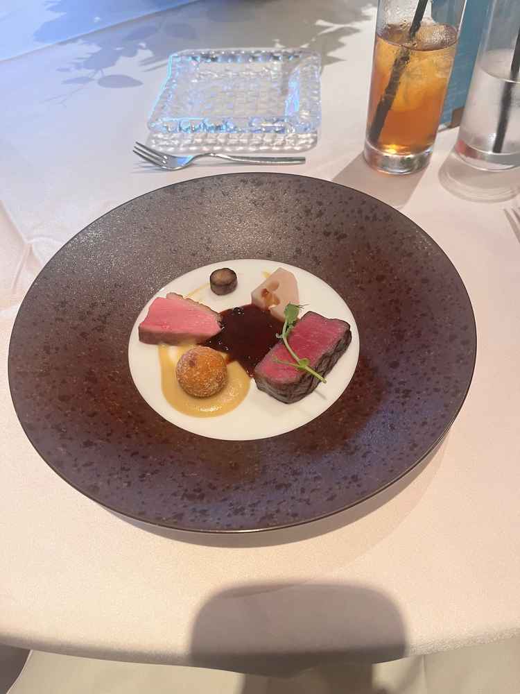 メインのお肉料理。黒毛和牛と鴨肉。ソースと肉の相性が凄く良くとてもおいしかった。