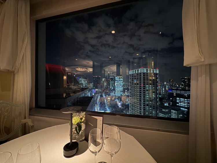 最上階で試食できました。庭園の緑とは一転、都会の夜景を楽しめました。