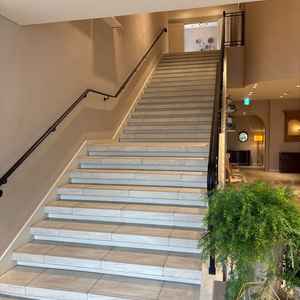 フラワーシャワー会場からすぐの階段です。ここを降りると、オランジェリーという披露宴会場につながってる