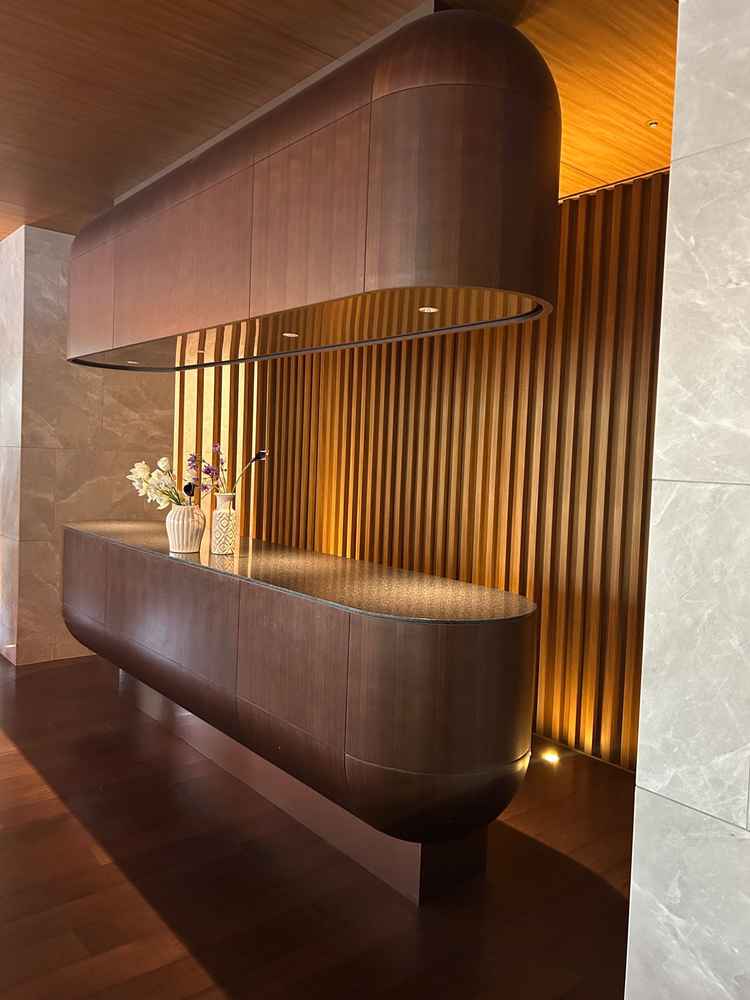 受付は洗練された雰囲気でお洒落でした。綺麗なライティングも素敵でした。見たことない受付のデザインでし
