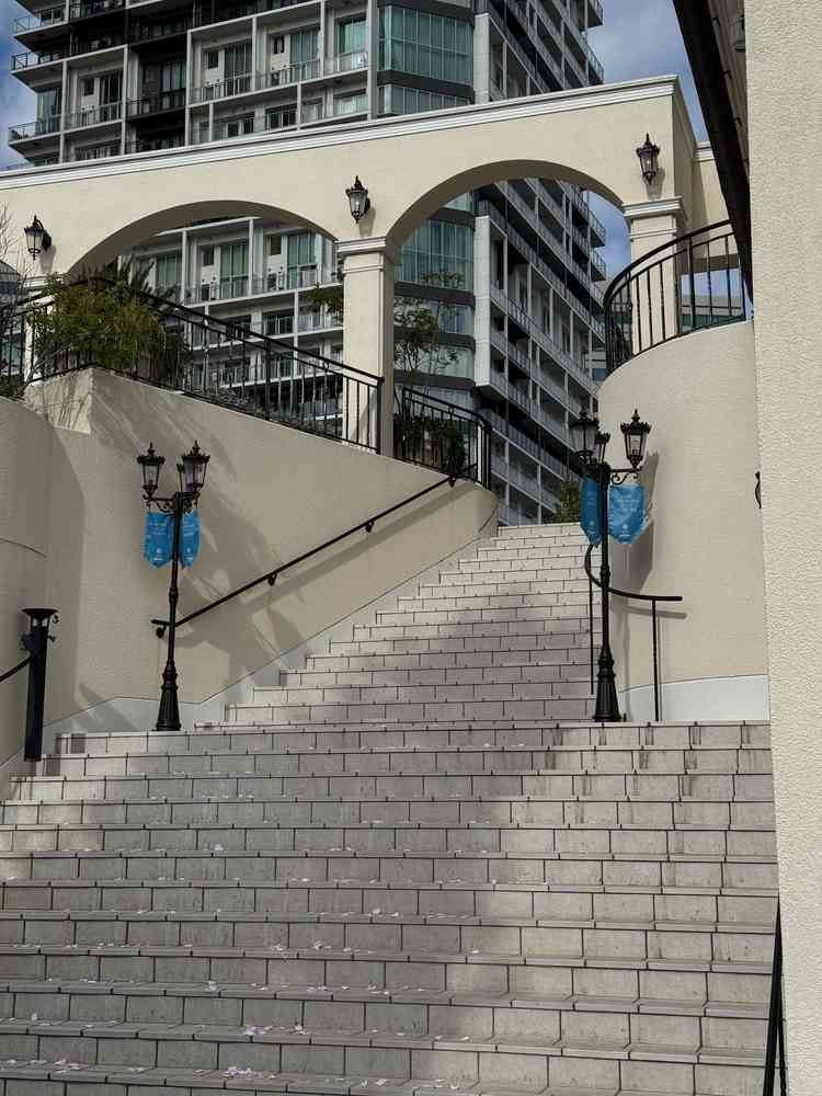 階段でフラワーシャワーの演出を体験させていただきました。