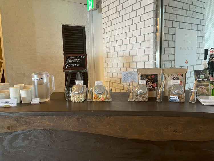 ゲスト待合スペース（カフェ）にあるドッグフードコーナー。種類がとても多かった。