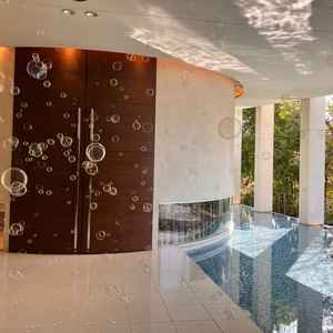 自然と水が共存するチャペルの外観。バブルの演出が可能でドレス映えしつつゲストにも楽しんでもらえそう。