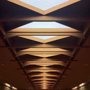 同じく神前式の式場の様子。天井の細工は、一本の光がまっすぐ通っているように魅せるための演出とのこと。