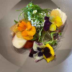 彩り鮮やかに花が添えられた前菜。