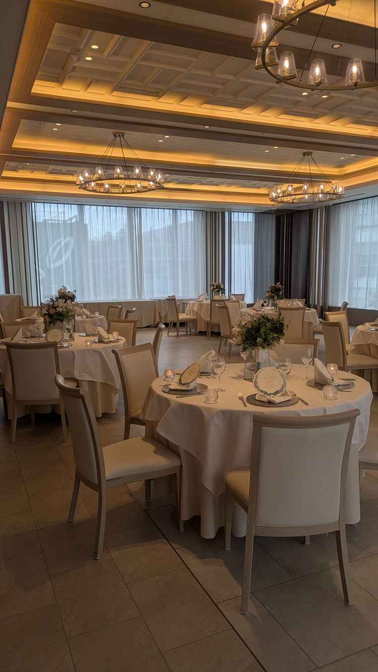 披露宴会場です。3面ガラス張りで、周りにはビルが見えます。レースカーテンをするのがおすすめです。