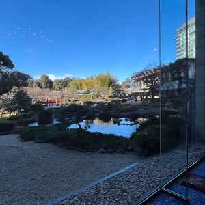 冬晴れの庭園。披露宴会場からは大きな窓で外が見られて綺麗。明るい。