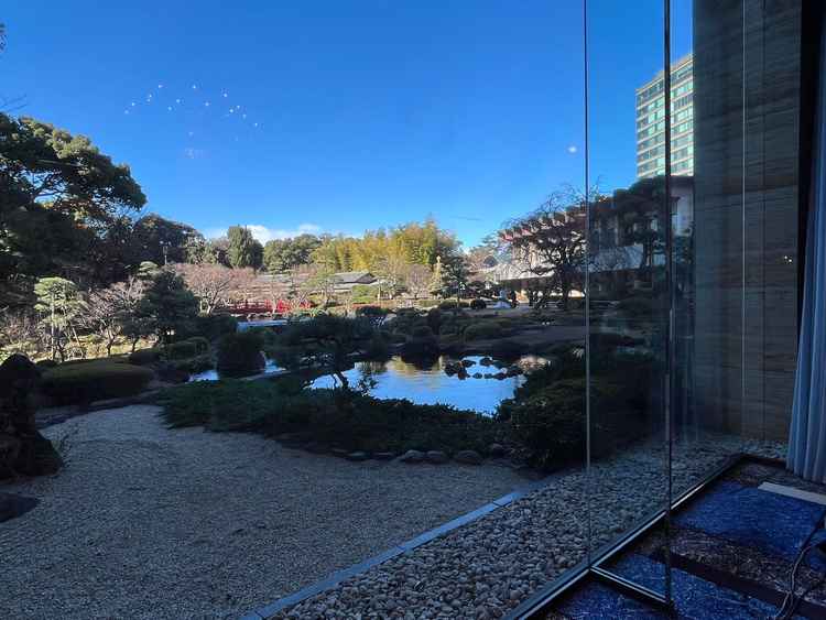 冬晴れの庭園。披露宴会場からは大きな窓で外が見られて綺麗。明るい。