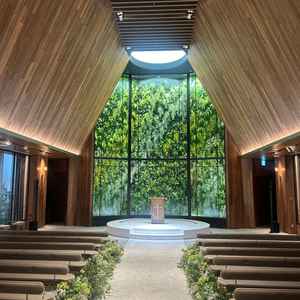 緑が基調になっているチャペルです。ドレスが白になるので、ドレスが映える印象を受けました。