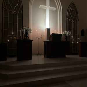 チャペルの照明を消灯した時の写真。入場時の雰囲気らしく、優しく照らされた十字架が印象的でした。