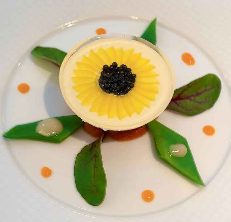 婚礼料理とは思えないほど手が込んでいて、美しい前菜。コンソメのジュレと海鮮の相性がとても良かった。