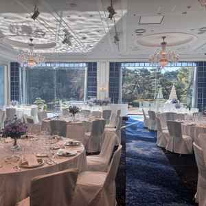 庭園を間近に感じられる鳳凰西の間です。青い絨毯と大きな窓からの景色が美しく、上品な雰囲気でした。