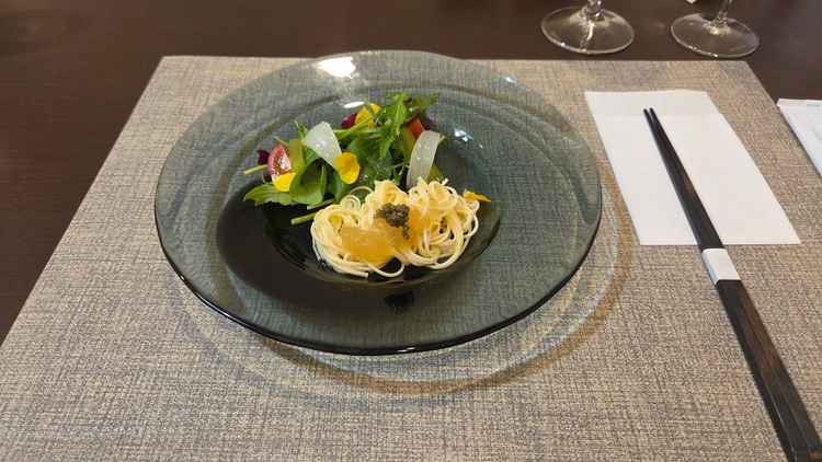 試食のそうめんパスタ。京野菜を使っていて野菜も美味しかったです。