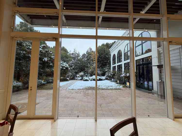 披露宴開場、チャペルと繋がっているガーデン。全て本物の芝と木があり、とても理想的なガーデンでした。