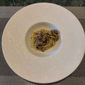 試食のパスタ。温度が素晴らしい