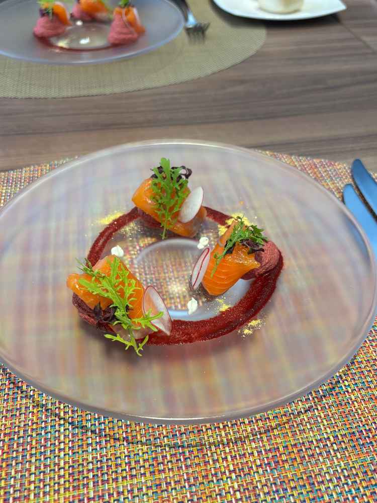 コース料理の前菜。ビーツのムースがとても美味しく感動しました。試食の中でも1番のお気に入りです。