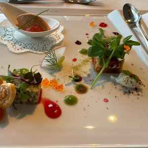 試食料理。シェフこだわりのトマトのムースがのったプレート。