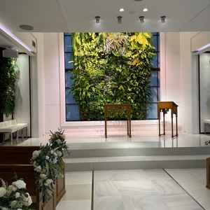 屋内の挙式会場も緑が散りばめられたシンプルなデザインで奥の壁の緑は全て本物の植物！
