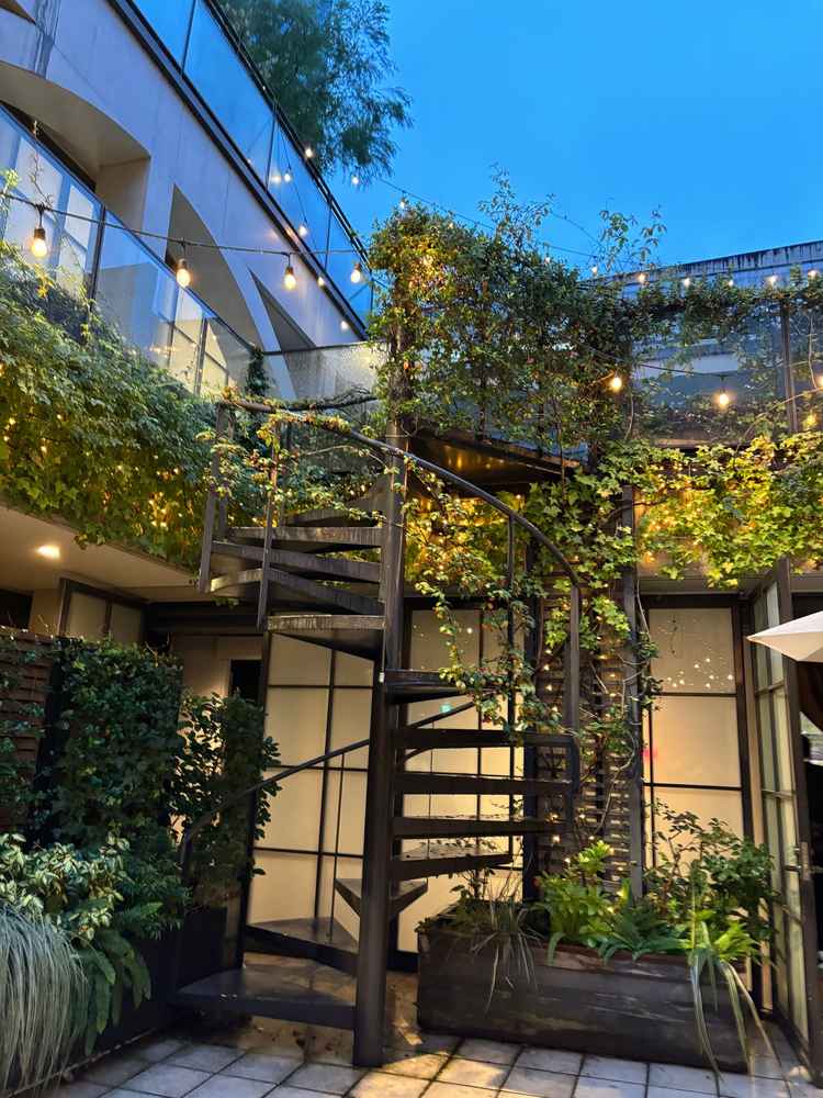 中庭の階段。グリーンとマッチしてて雰囲気がとてもよかった。こちらから降りて登場することも可能だそう。