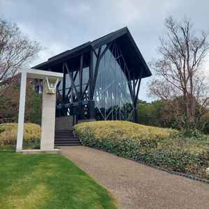 挙式会場の外観の写真。木を邪魔することないガラスとの融合で、とても美しいです。