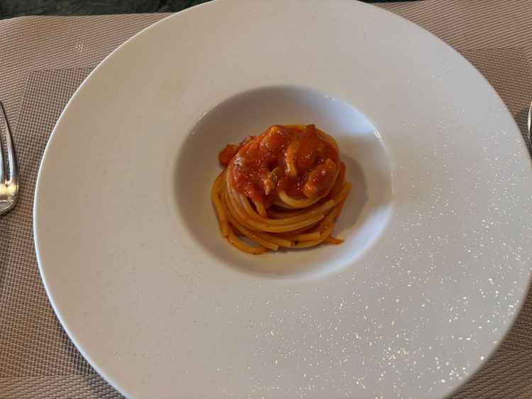 コースの試食。イタリアンならではのパスタ。麺がもっちりしていて美味しい。