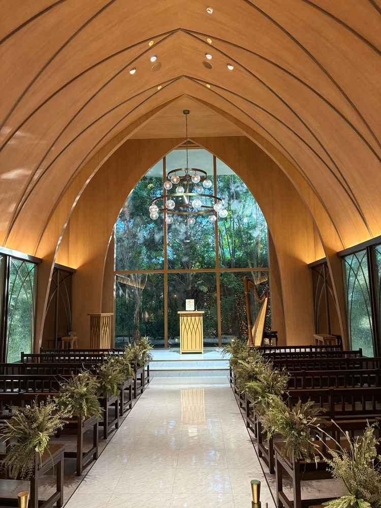 一年中緑を感じられる。バージンロードを歩くときにスポットライトが点灯する演出も素敵でした。