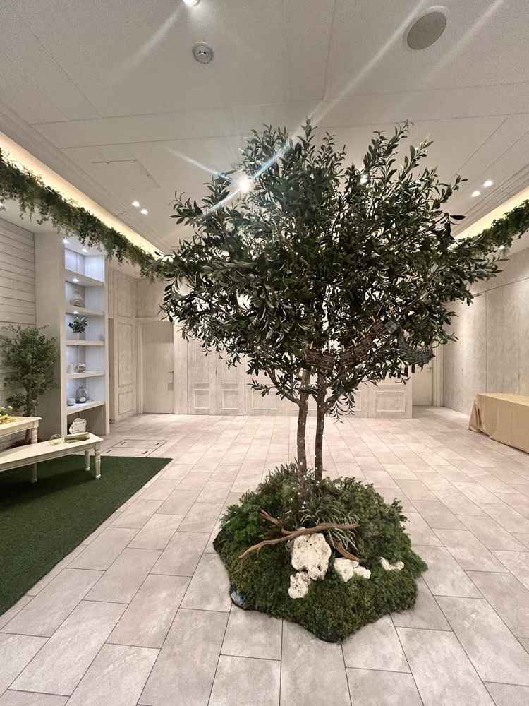 部屋の真ん中にあるシンボルツリー。緑に囲まれたナチュラルな装飾でした。