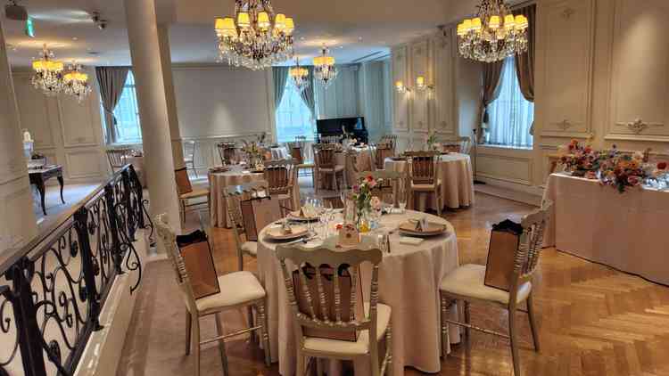 披露宴会場。横長の形式。ドアは奥側のみ。高砂の位置は調整可能。高台もある。