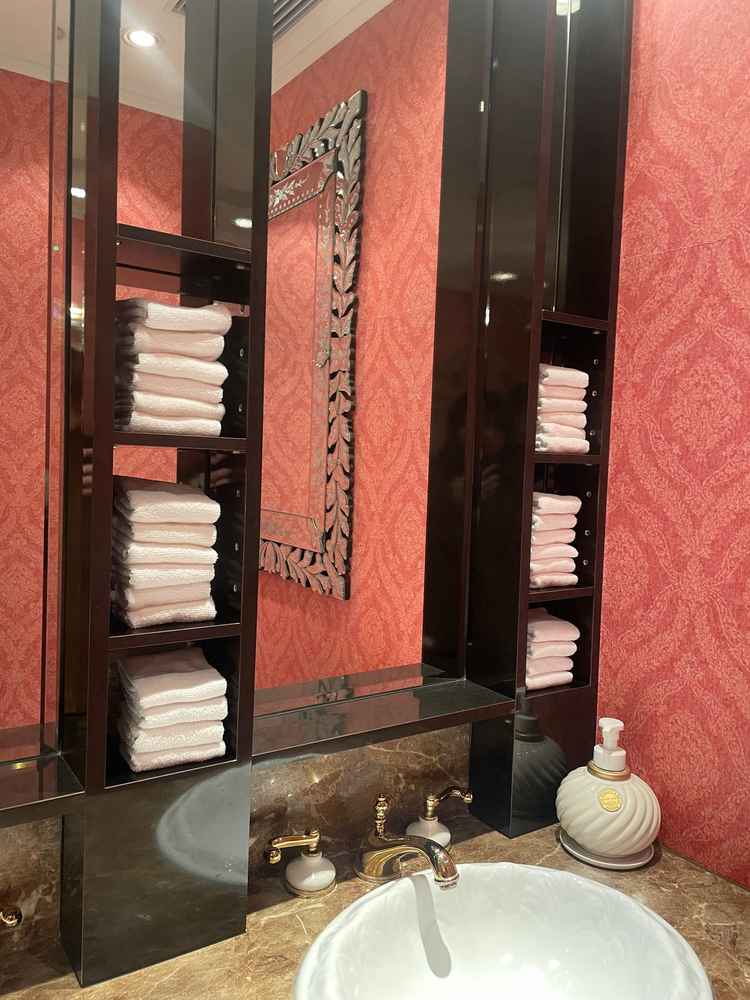 女性用トイレ。タオルが十分に用意されていることや、メイク直しができるスペースがある。