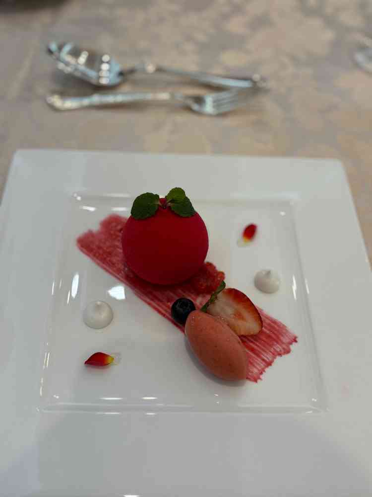 試食会でいただいたデザート（洋風）見た目が華やかなだけでなく、味もとても爽やかで美味しかった。