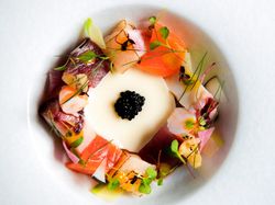 天使の海老 帆立貝 ツブ貝 目鉢鮪 蛸 サーモン カリフラワーのブランマンジェ グリーンマスタード マイクロリーフ アブリューガキャビア